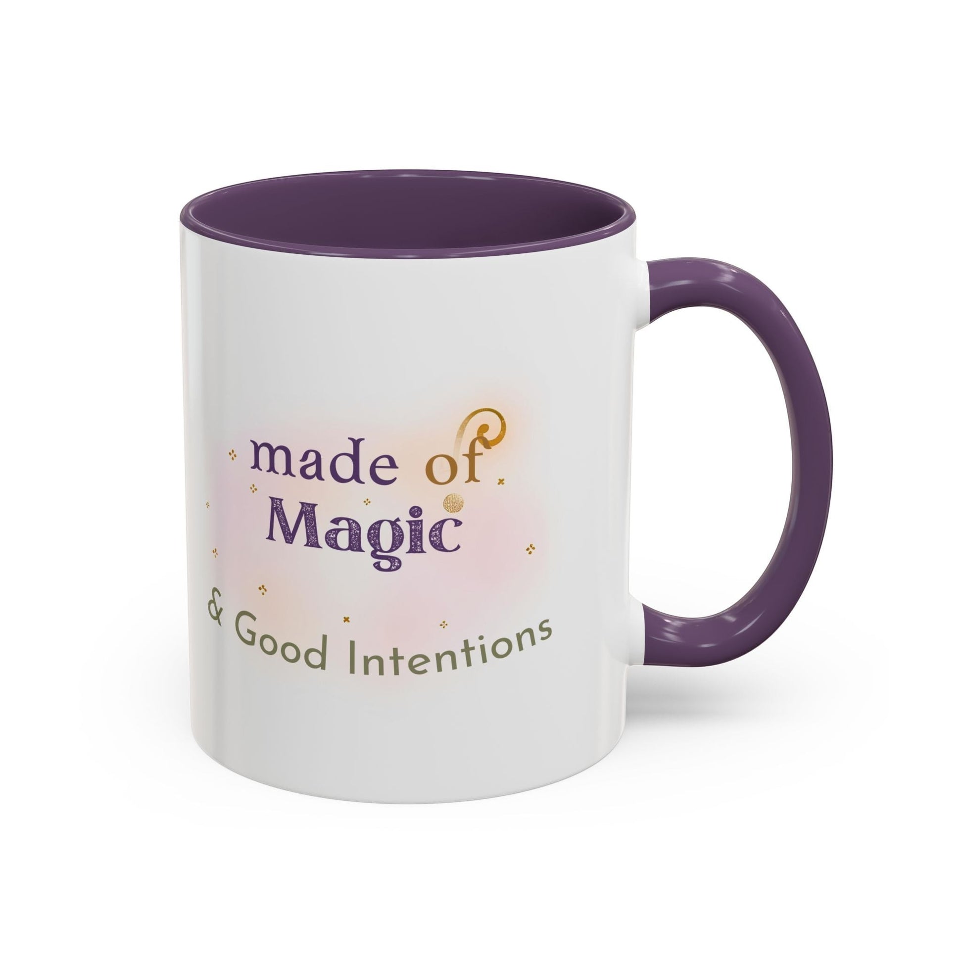 Jena Jewelry white ceramic mug with purple interior and handle, featuring "made of Magic & Good Intentions" text and watercolor accents.