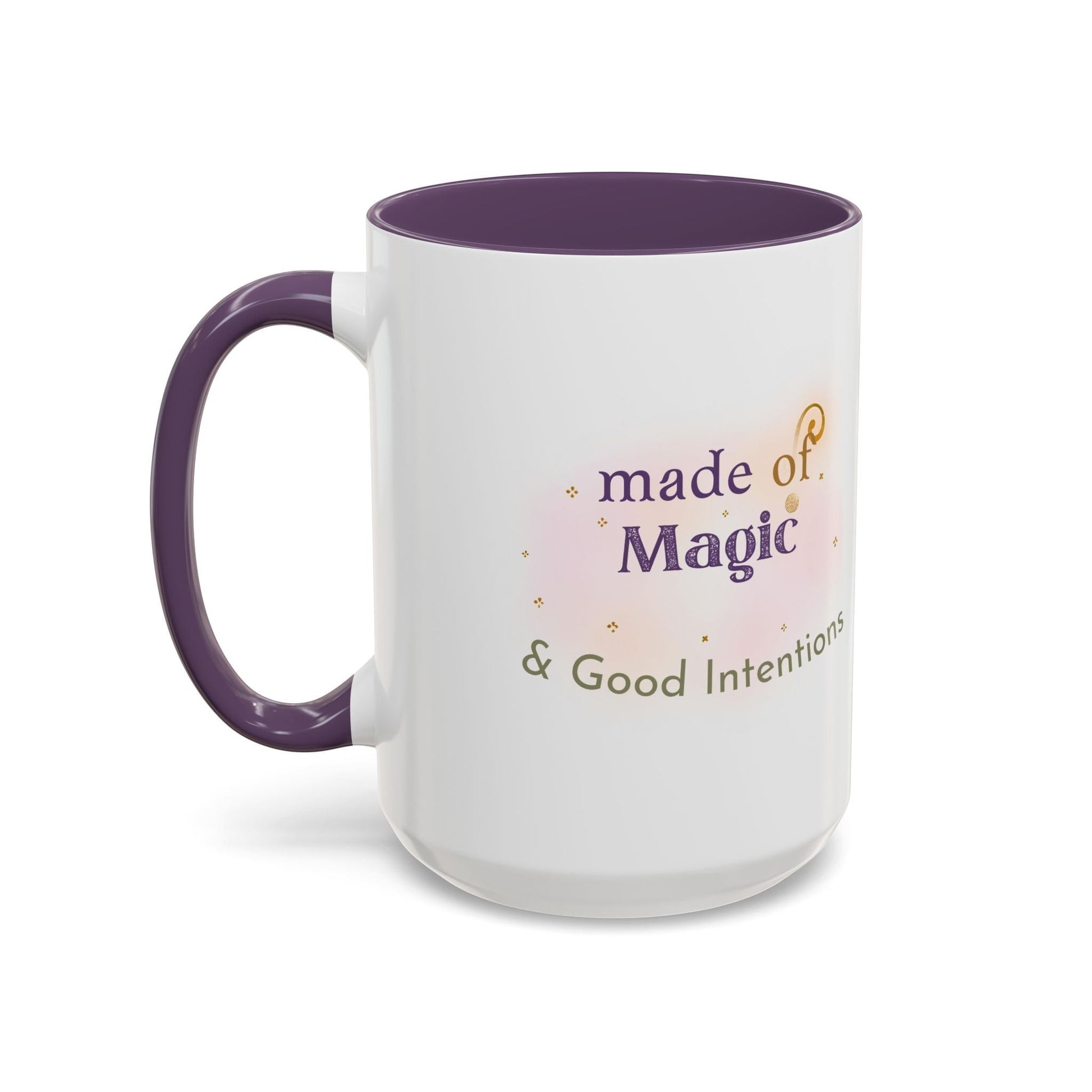 Jena Jewelry white ceramic mug with purple interior and handle, featuring "Made of Magic & Good Intentions" text and subtle sparkle accents.