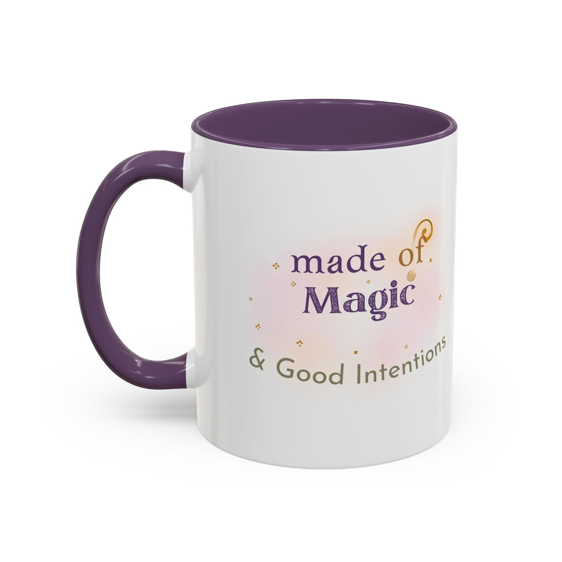 Jena Jewelry white ceramic mug with purple interior and handle, featuring "made of Magic & Good Intentions" text and watercolor design.