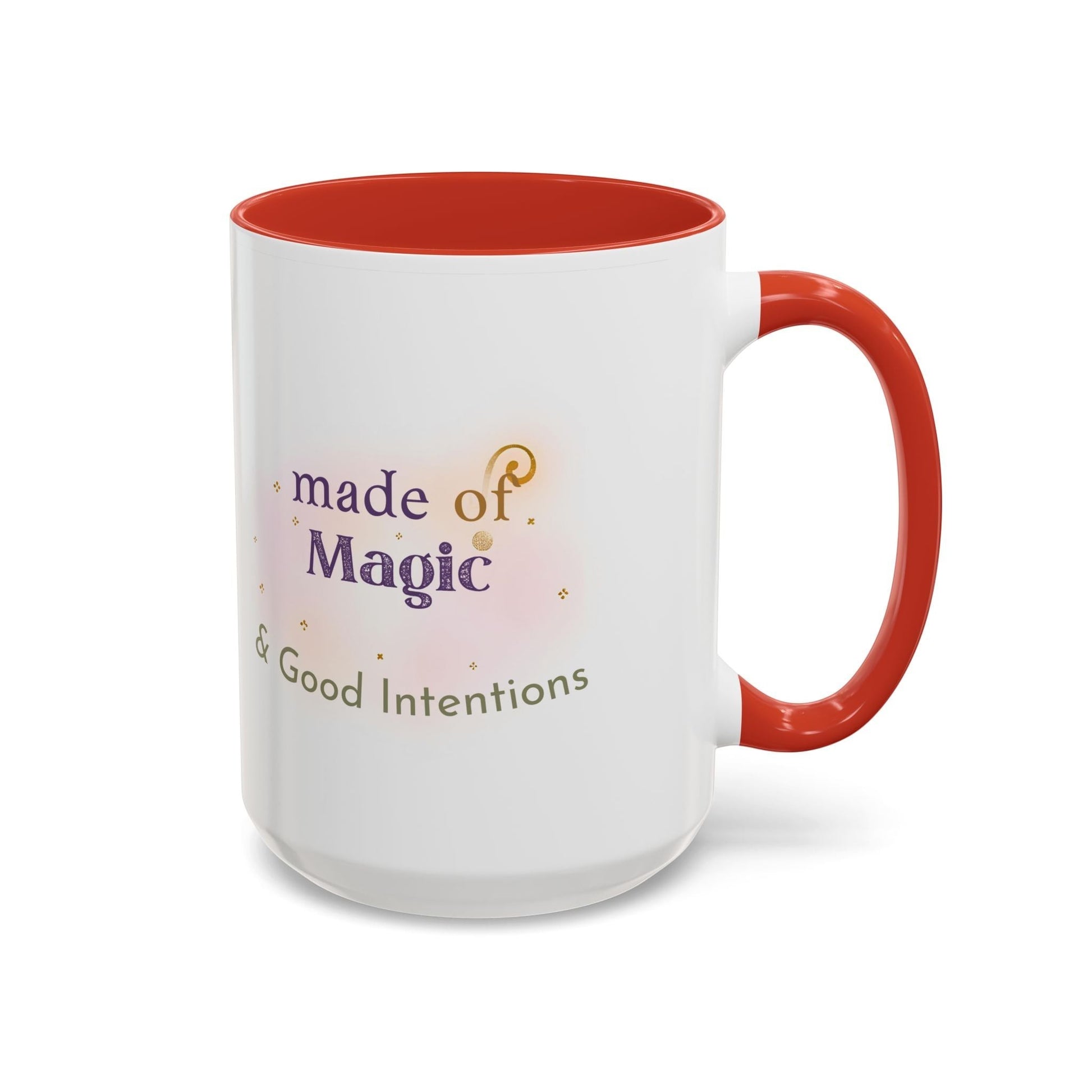 Jena Jewelry white ceramic mug with red handle and interior, featuring "made of Magic & Good Intentions" text and watercolor design.
