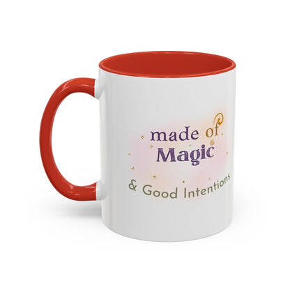 Jena Jewelry white ceramic mug with red interior and handle, featuring "made of Magic & Good Intentions" text and watercolor design.