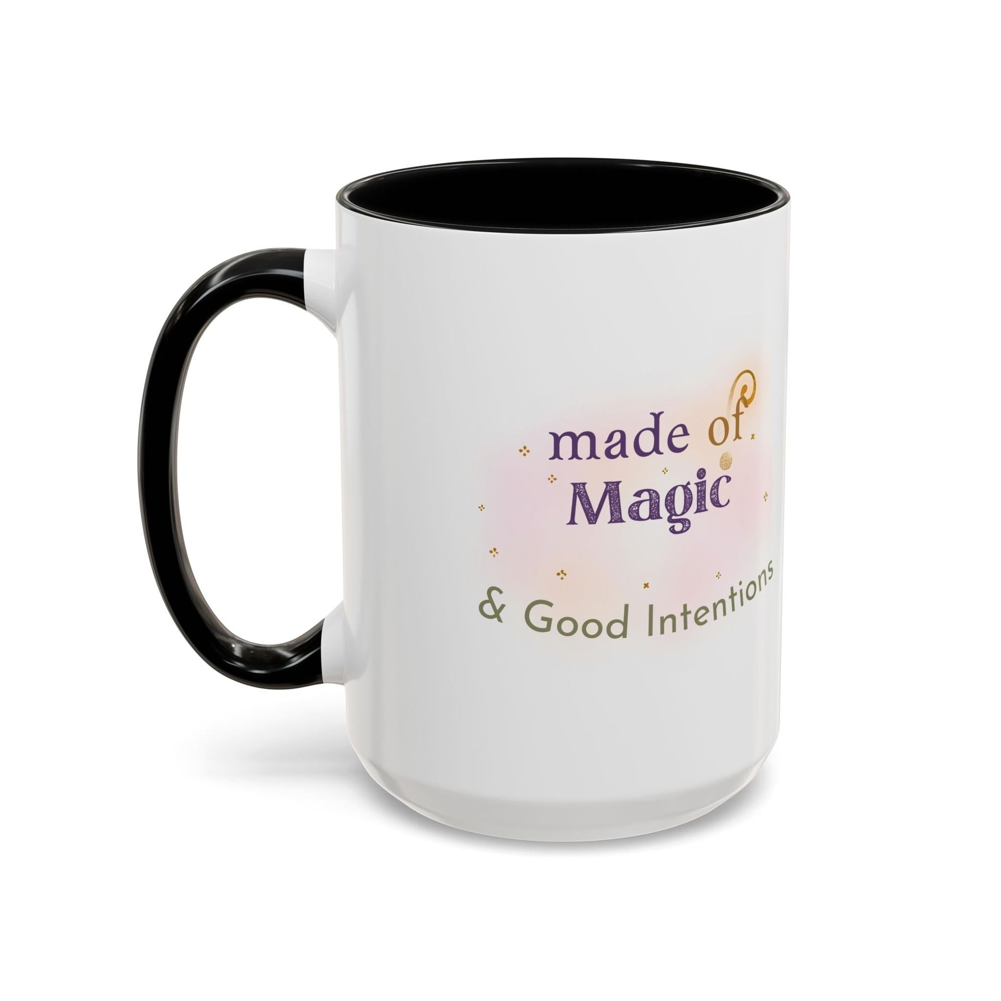 Jena Jewelry white ceramic mug with black handle and interior, featuring "Made of Magic & Good Intentions" text and watercolor design.