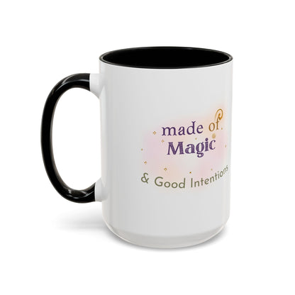 Jena Jewelry white ceramic mug with black handle and interior, featuring "Made of Magic & Good Intentions" text and watercolor design.