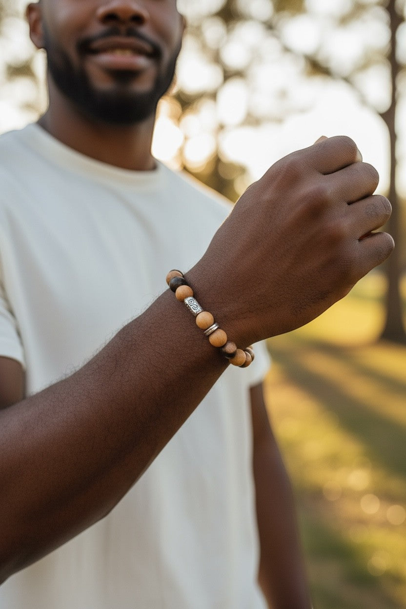 Jena Jewelry men's stretch bracelet with Tiger Ebony and Thuja Sutchuenensis wood beads, featuring silver spacers.