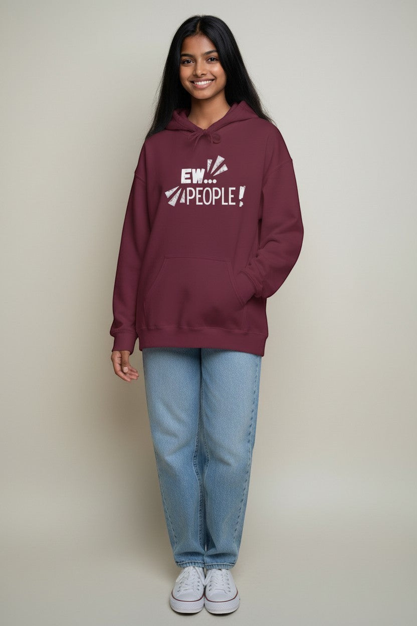 Jena Jewelry maroon graphic hoodie with white "EW... PEOPLE!" text and kangaroo pocket, worn by a model with light wash jeans.