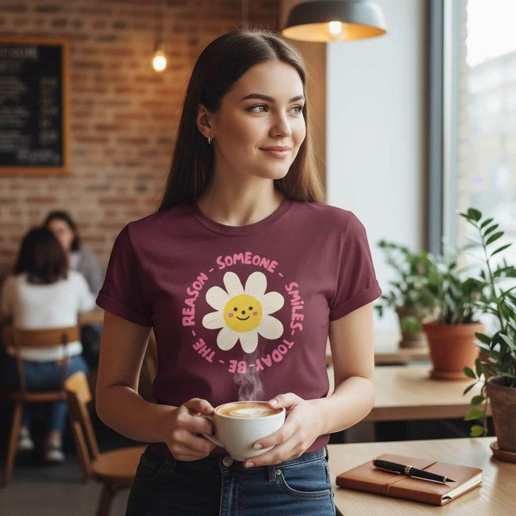 Jena Jewelry maroon 100% cotton graphic tee with a smiling daisy and "Be the Reason Someone Smiles Today" text.