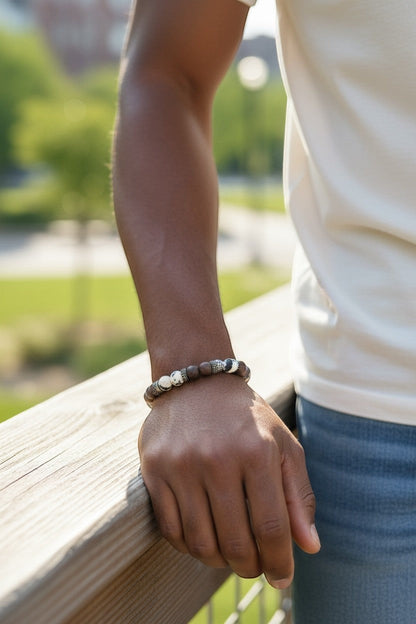Jena Jewelry men's stretch bracelet with coffee jasper, ebony wood, and hematite beads spelling 'I Love You' in Morse code.