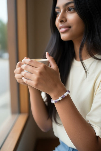 Jena Jewelry "F*ck Off" Morse code bracelet with amethyst, snow jade, hematite, and rose quartz beads.