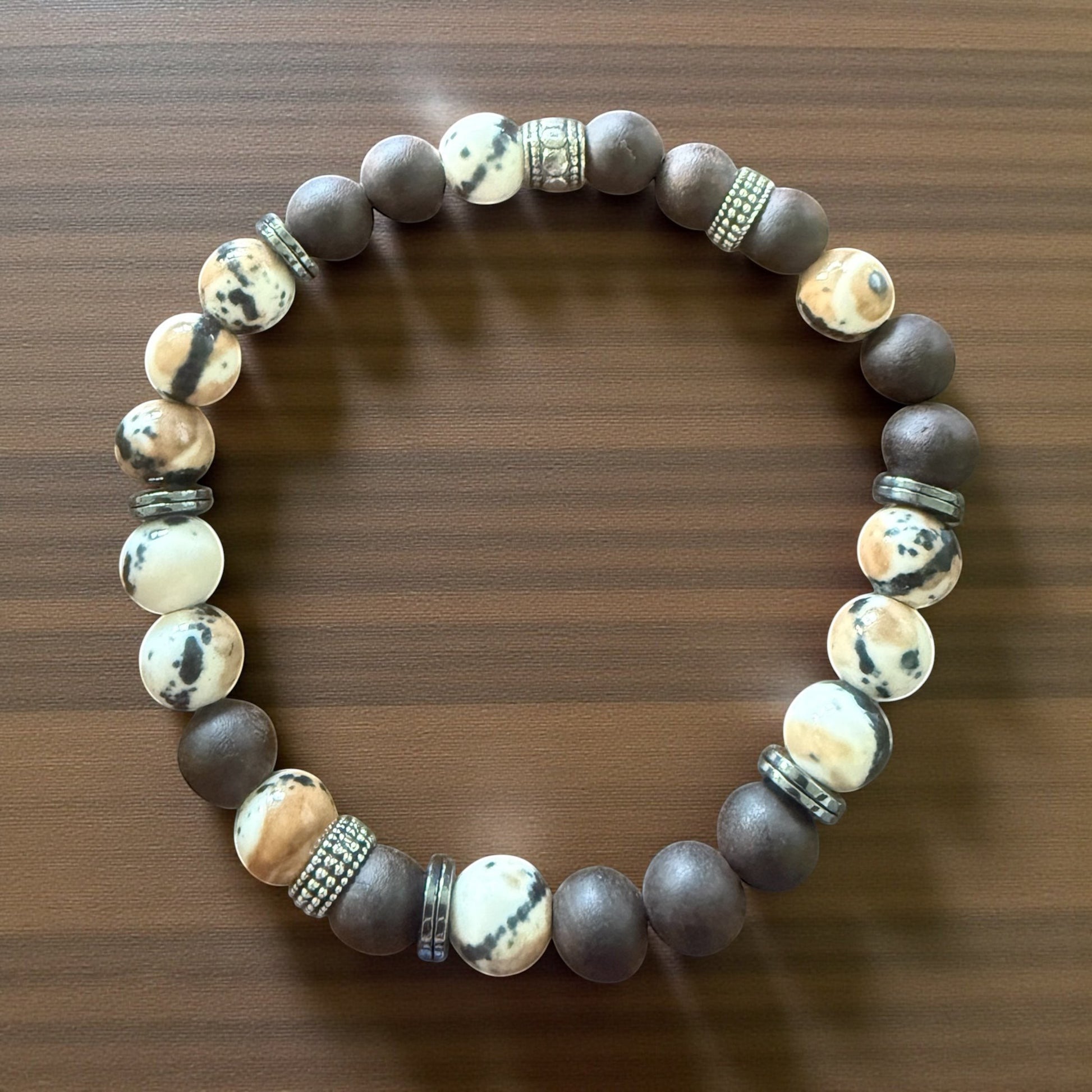 Jena Jewelry "I Love You" Morse code bracelet with coffee jasper, ebony wood, and hematite beads.