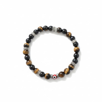 Jena Jewelry bracelet with tiger eye, black jade, and hematite beads spelling 'F*ck Off' in Morse code. Features a central evil eye charm.