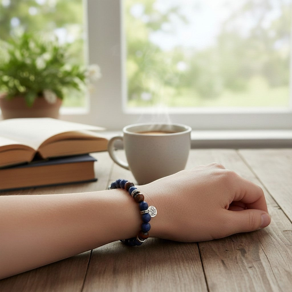Jena Jewelry blue lapis lazuli, red tiger eye, hematite, and ebony wood beaded bracelet spelling 'Breathe' in Morse code.