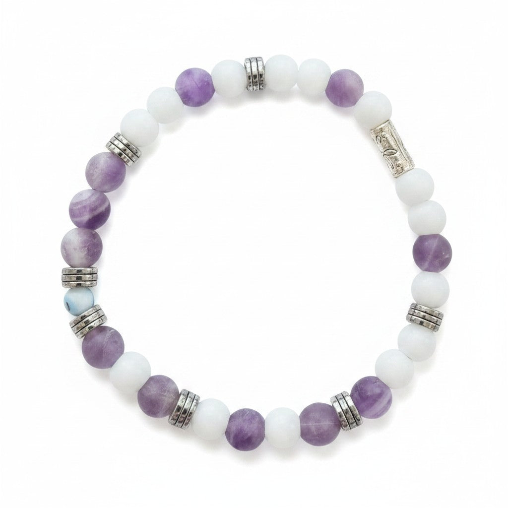 Jena Jewelry bracelet with white snow jade, purple amethyst, and silver accent beads spelling 'F*ck Off' in Morse code.