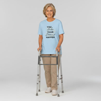 Jena Jewelry light blue 100% cotton t-shirt with "You Make Your Dreams Happen" graphic print and sunburst accents.