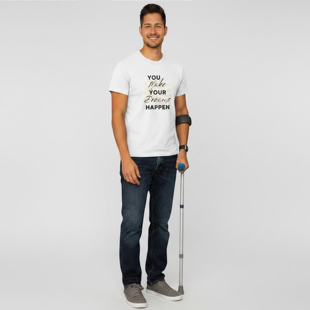 White cotton t-shirt with "You Make Your Dreams Happen" graphic print in black and gold. Jena Jewelry.