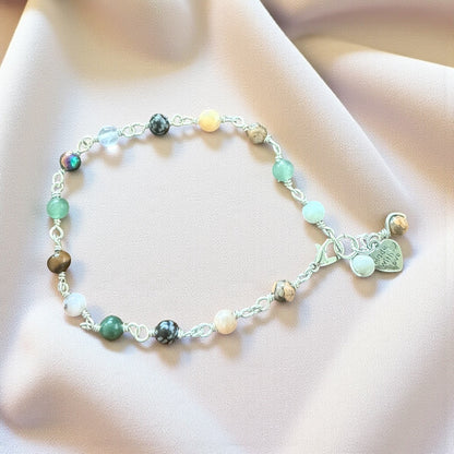 Jena Jewelry multi-stone bracelet with assorted natural stones and silver wire wrapping, featuring a 'Made With Love' charm.