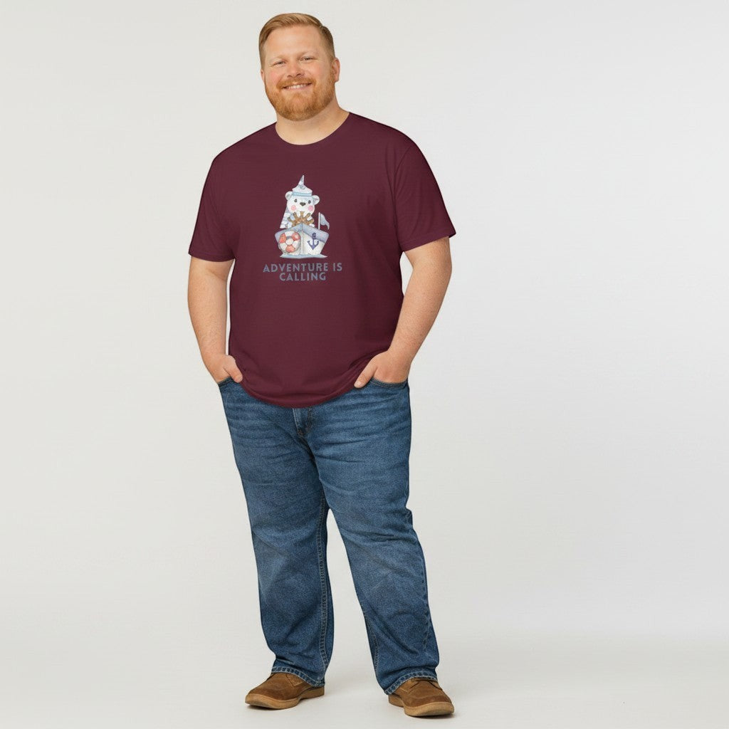 Jena Jewelry maroon 100% cotton t-shirt with a cute sailor bear graphic and the text "Adventure Is Calling".