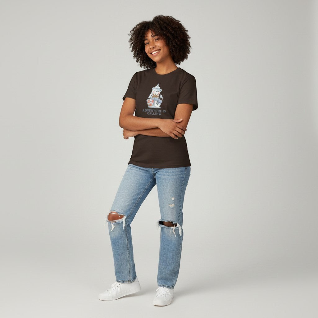 Jena Jewelry brown 100% cotton t-shirt with a cute sailor bear at the helm of a ship graphic and "Adventure Is Calling" text.