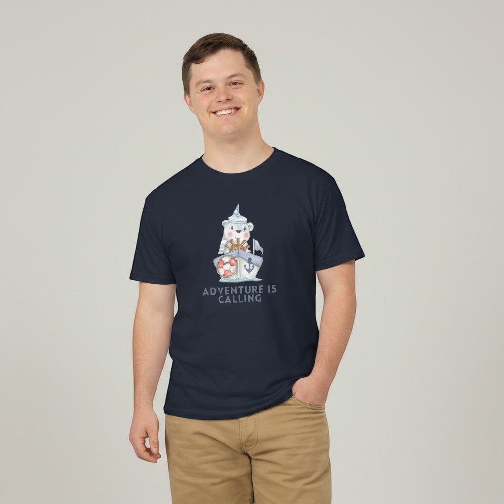 Jena Jewelry navy blue 100% cotton t-shirt with a cute sailor bear graphic and "Adventure Is Calling" text.