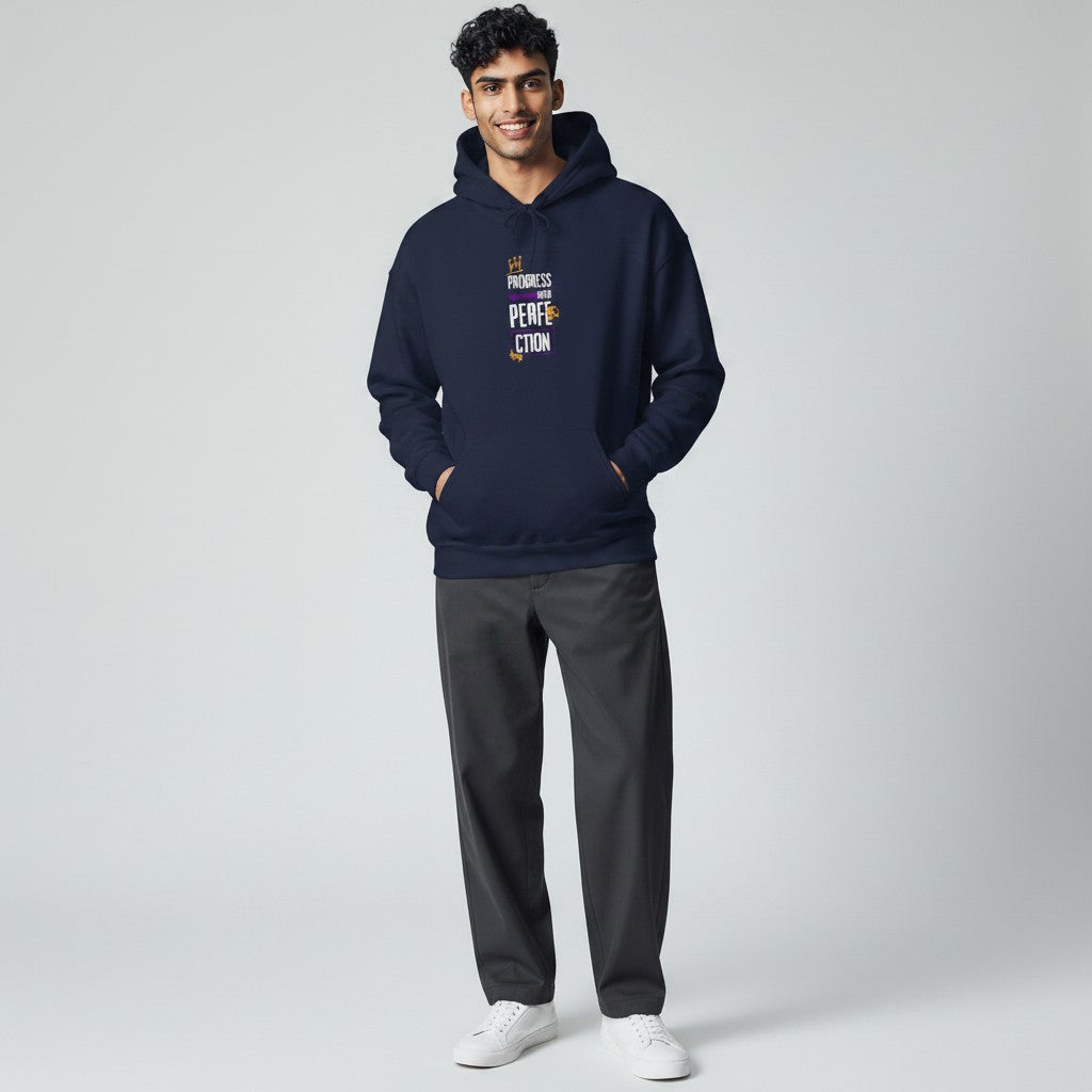 Jena Jewelry navy blue cotton-polyester blend hoodie with "Progress Over Perfection" graphic. Features a kangaroo pocket and drawstring hood.
