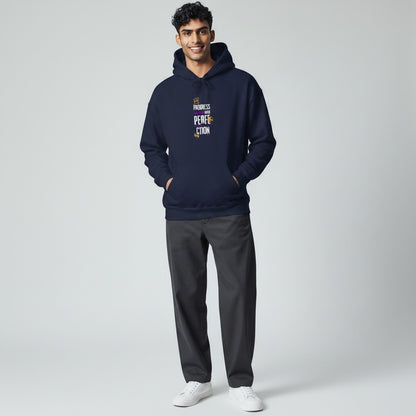 Jena Jewelry navy blue cotton-polyester blend hoodie with "Progress Over Perfection" graphic. Features a kangaroo pocket and drawstring hood.