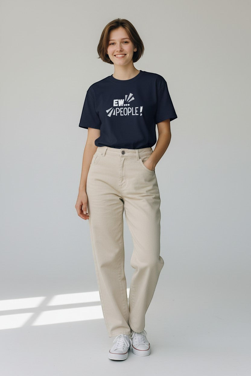 Jena Jewelry navy blue 100% cotton t-shirt with white "EW... PEOPLE!" graphic print on chest. Model wears relaxed fit.