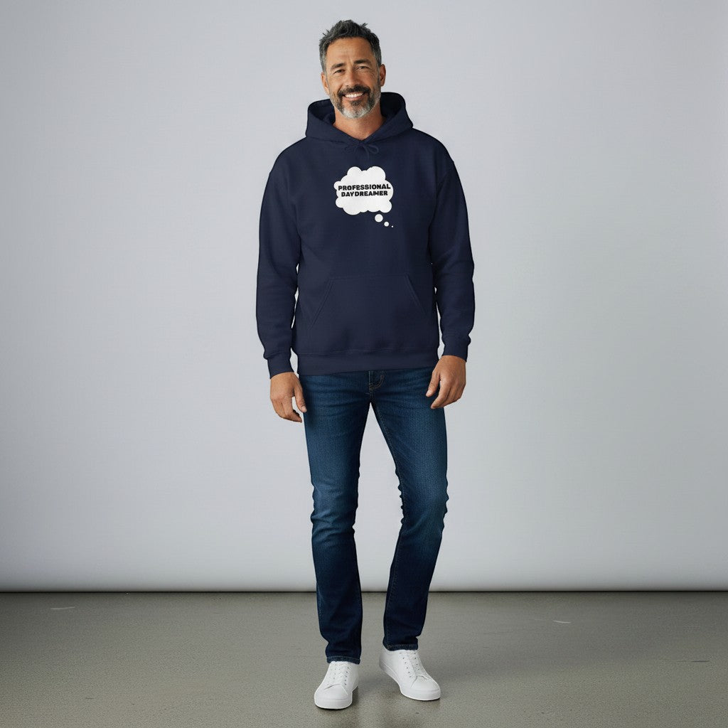 Jena Jewelry navy blue cotton-poly blend hoodie with "Professional Daydreamer" thought bubble graphic.
