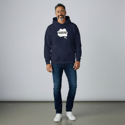 Jena Jewelry navy blue cotton-poly blend hoodie with "Professional Daydreamer" thought bubble graphic.