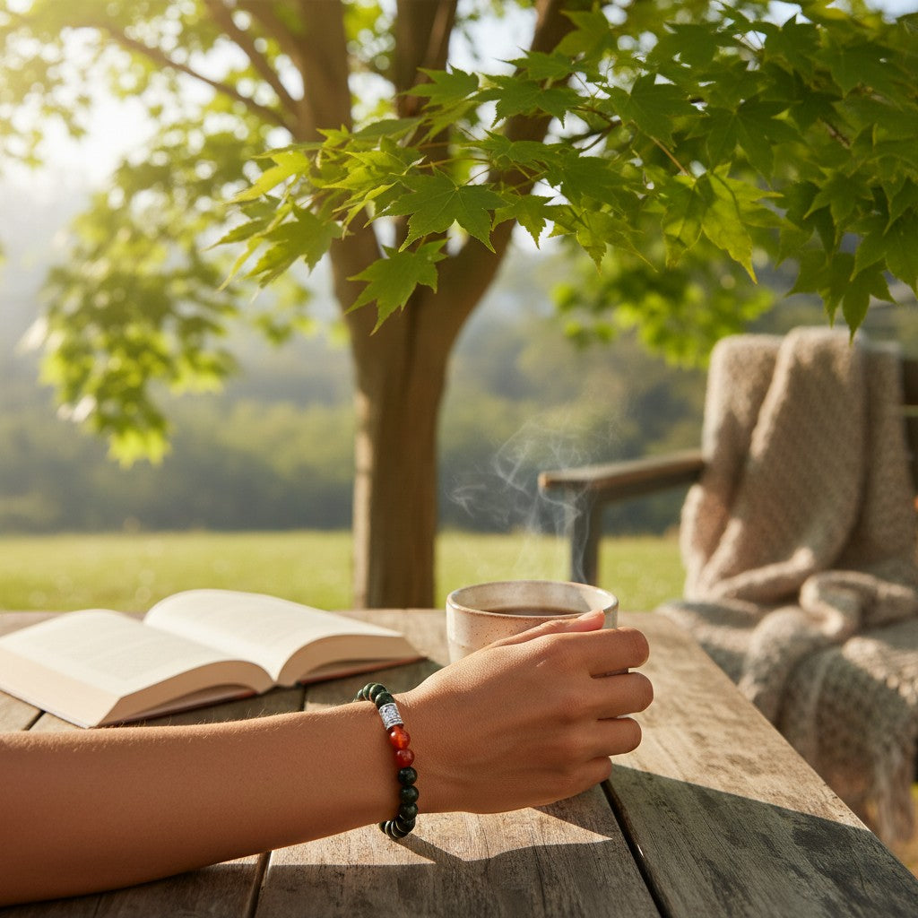 Jena Jewelry black onyx and carnelian beaded stretch bracelet on wrist, with a book and coffee outdoors.