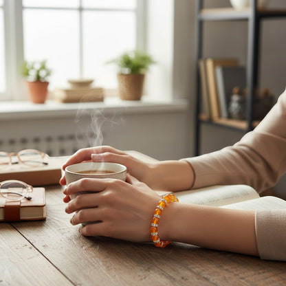 Jena Jewelry orange jade beaded bracelet with rhinestone spacers on a woman's wrist, holding a cup of coffee.