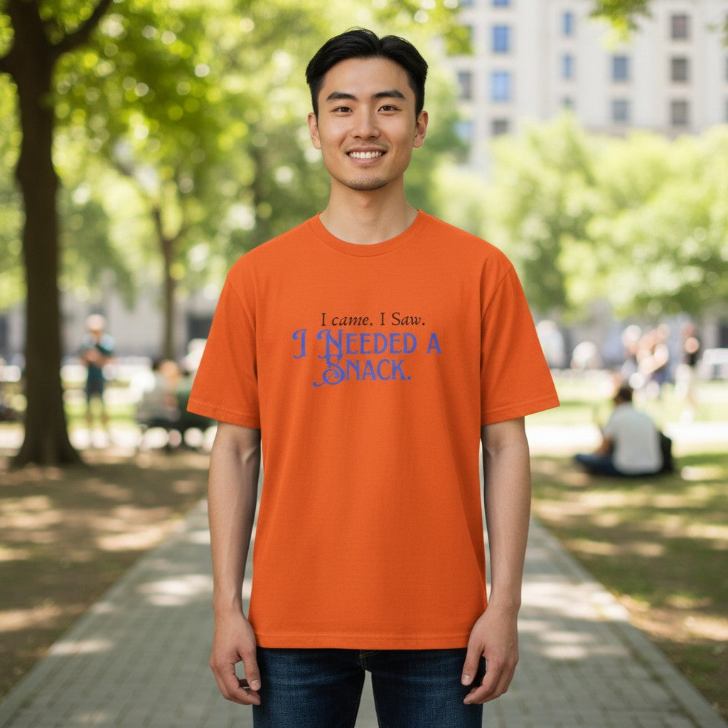Jena Jewelry orange 100% cotton t-shirt with blue text that reads "I came. I saw. I needed a snack."