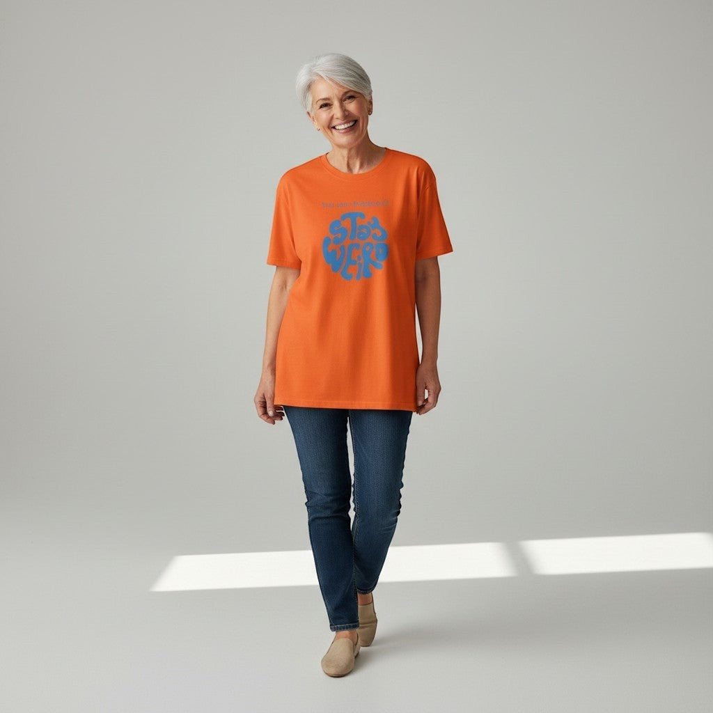 Jena Jewelry orange cotton t-shirt with blue "Stay Weird" graphic and "You Are Perfect!" text.