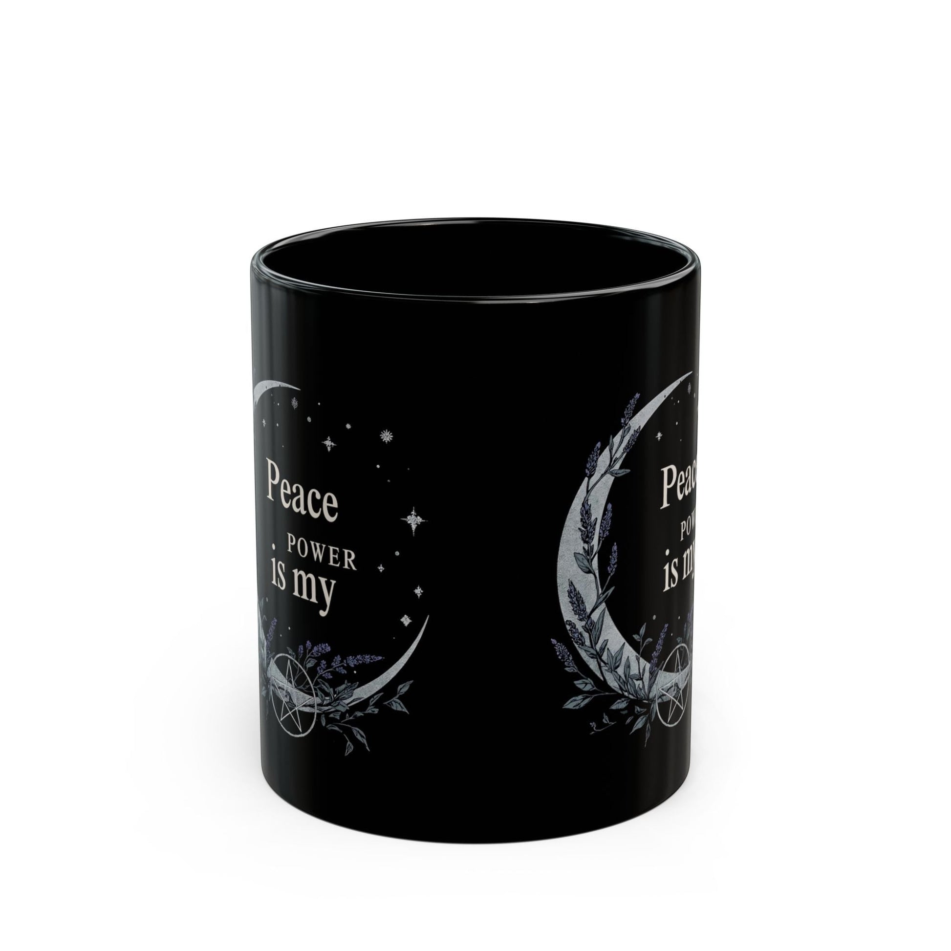 Jena Jewelry black ceramic mug with "Peace Is My Power" text and celestial moon and lavender design.