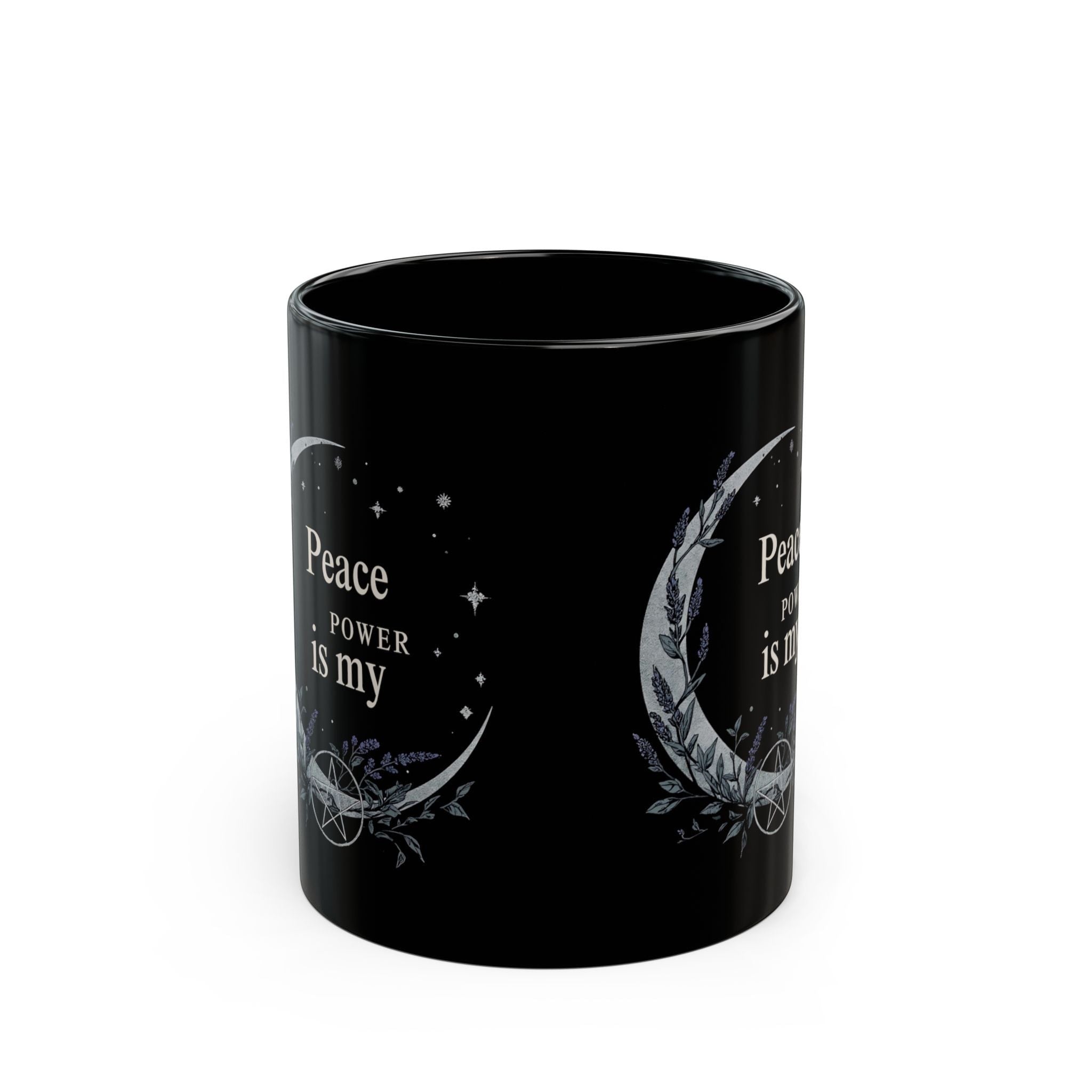 Jena Jewelry black ceramic mug with "Peace Is My Power" text and celestial moon and lavender design.