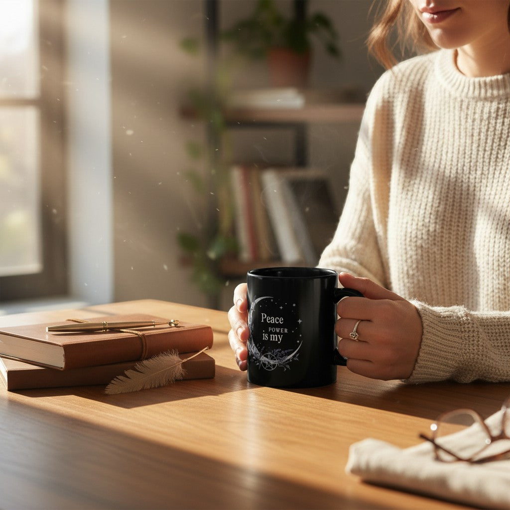 Jena Jewelry black ceramic mug with "Peace Is My Power" text, moon, and floral design. Held by a woman in a cream sweater.