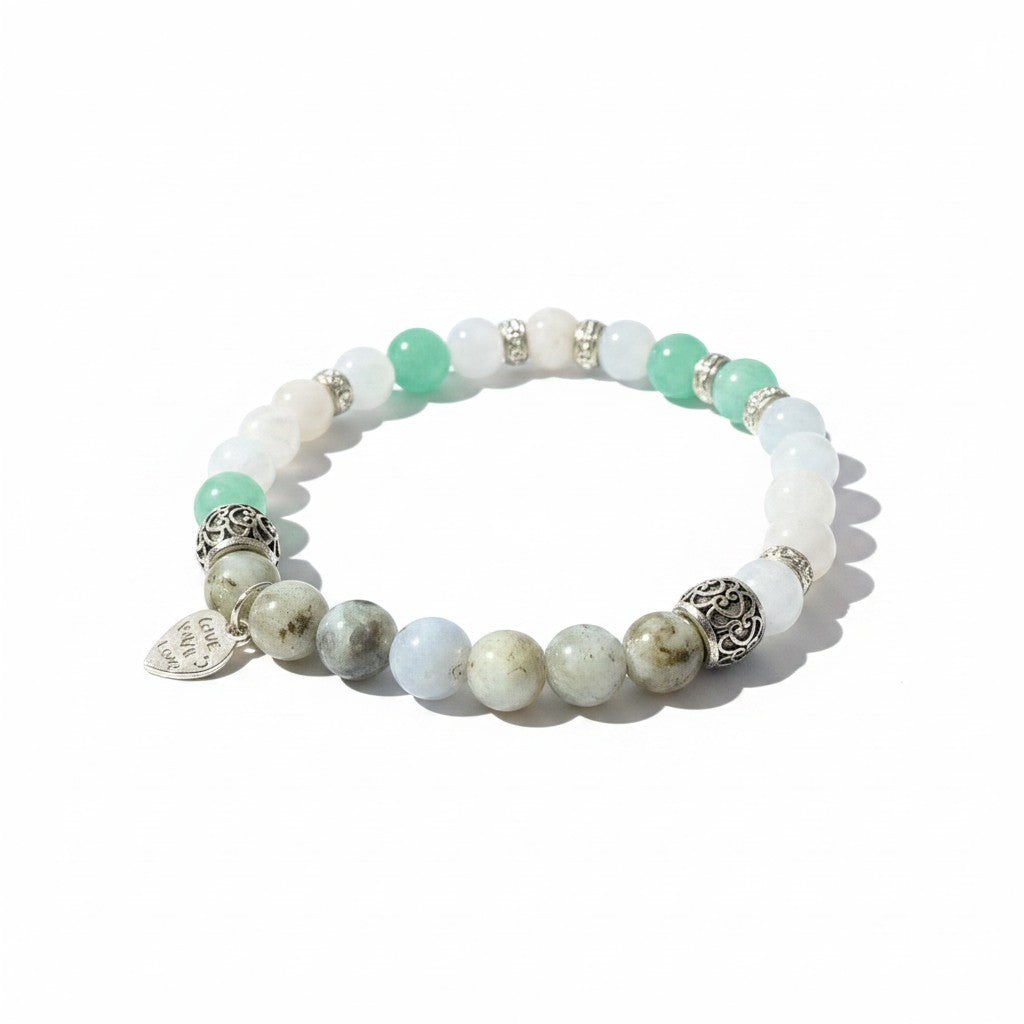 Jena Jewelry bracelet spelling 'Peace' in Morse code with green aventurine, white quartz, and jasper beads.