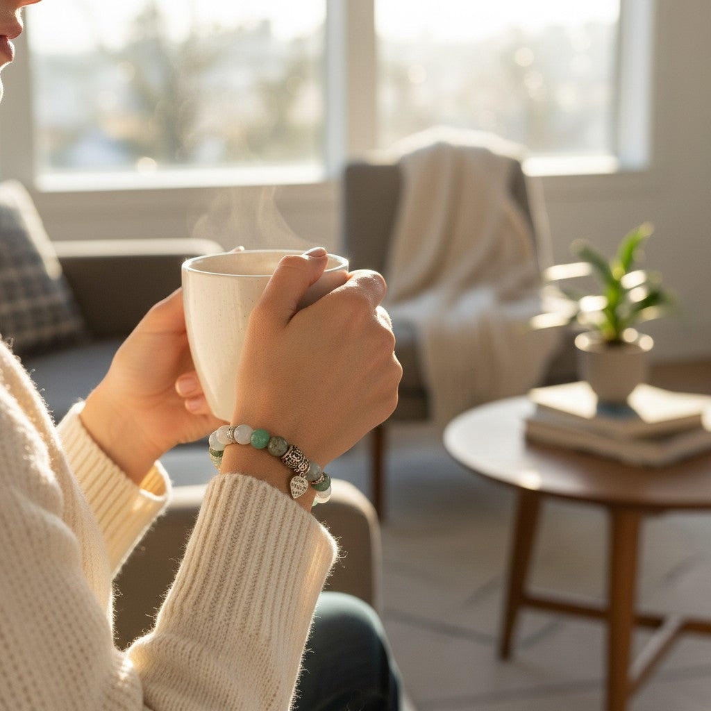 Jena Jewelry "Peace" Morse code bracelet with green aventurine, quartz, and jasper beads.