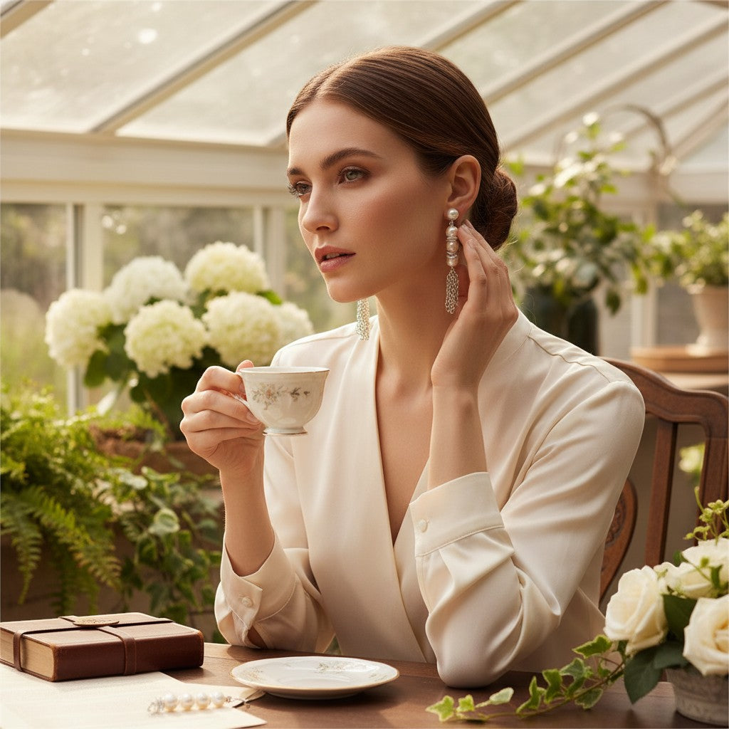 Jena Jewelry elegant pearl and chainmaille drop earrings with base metal spacers, worn by a woman holding a teacup.