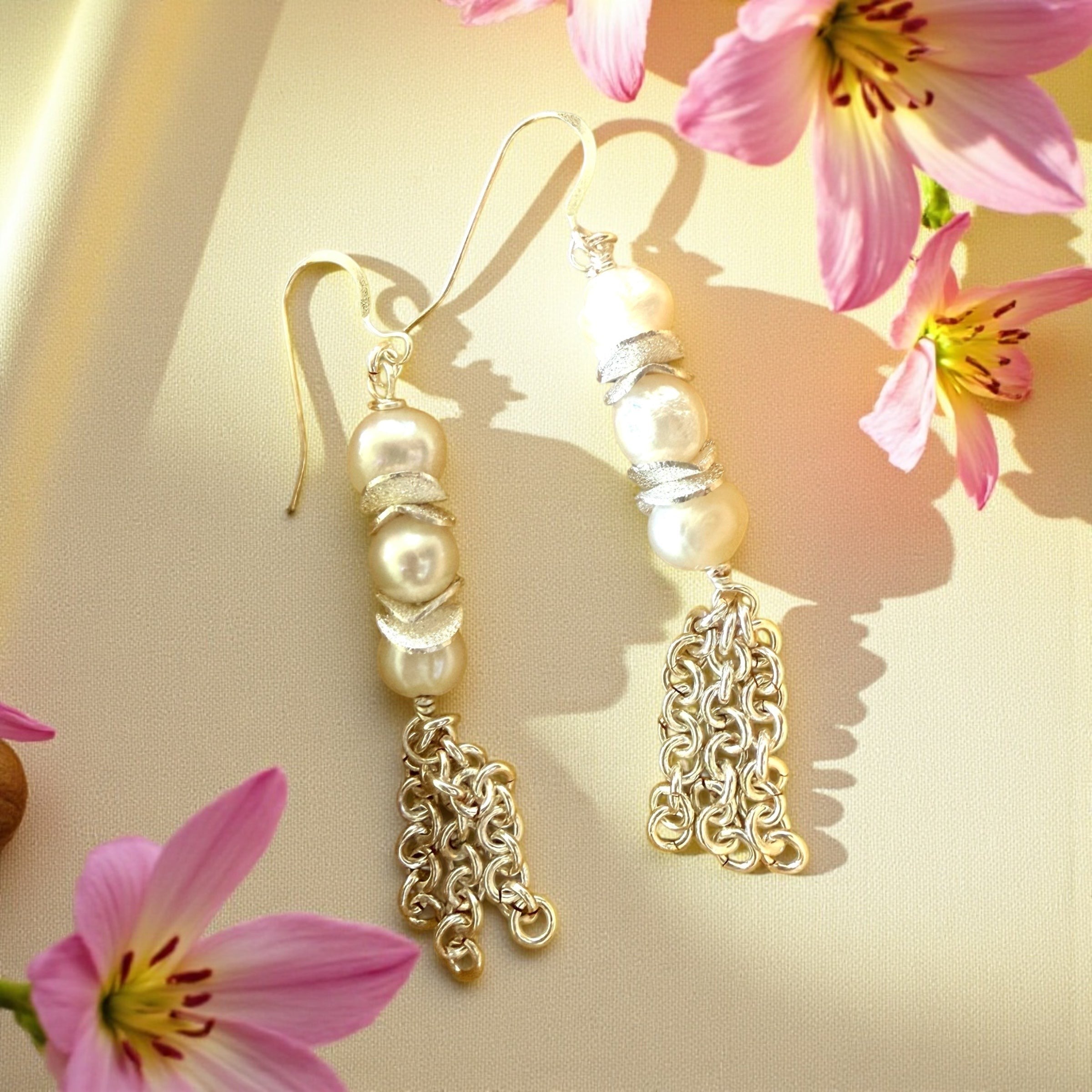 Jena Jewelry freshwater pearl and silver chainmaille drop earrings with textured spacers, elegant and classic.