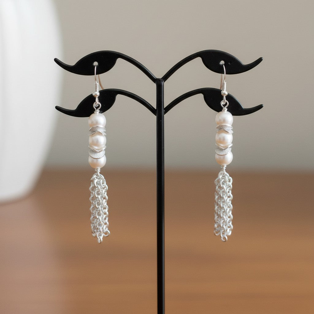 Jena Jewelry freshwater pearl and silver chainmaille drop earrings with textured spacers.