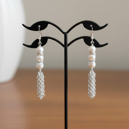 Jena Jewelry freshwater pearl and silver chainmaille drop earrings with textured spacers.