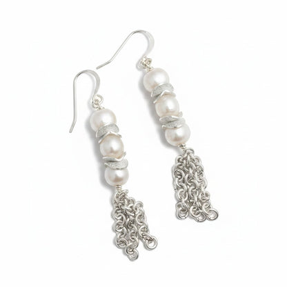 Jena Jewelry white freshwater pearl and silver chainmaille drop earrings with textured spacers.