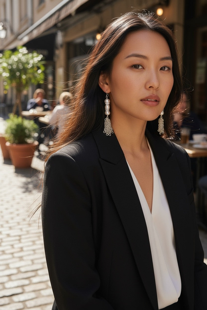 Jena Jewelry silver chainmaille earrings with three white freshwater pearls, worn by a woman in a black blazer.