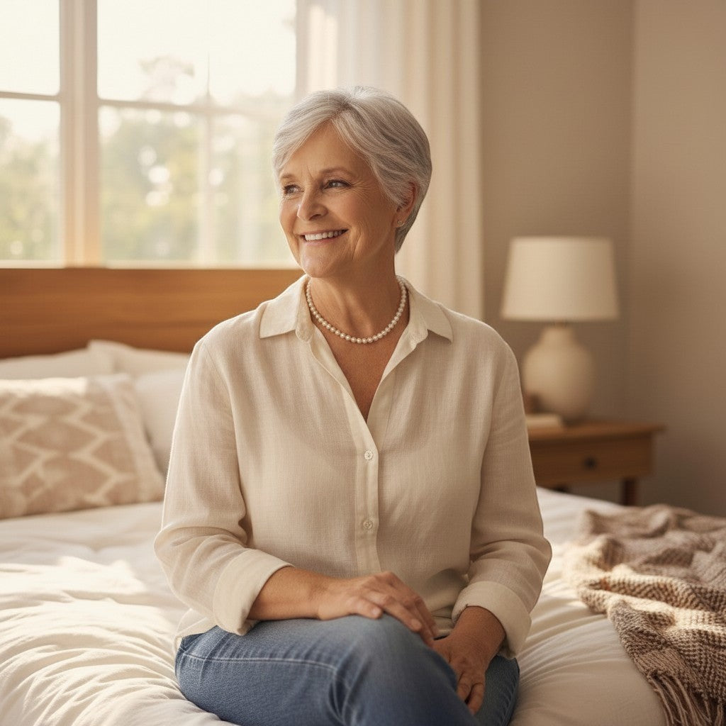 Jena Jewelry pearl necklace with rose gold spacers worn by a smiling woman with short grey hair sitting on a bed.