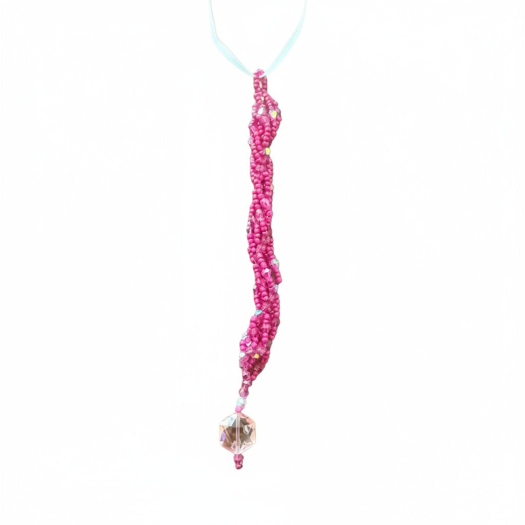 Jena Jewelry pink seed bead icicle ornament with a faceted crystal drop, handcrafted for holiday sparkle.
