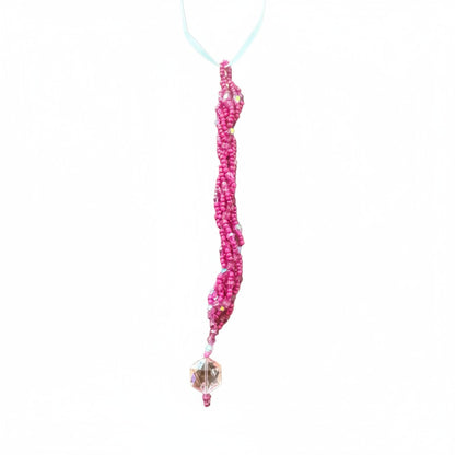Jena Jewelry pink seed bead icicle ornament with a faceted crystal drop, handcrafted for holiday sparkle.