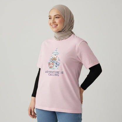Jena Jewelry pink 100% cotton t-shirt with a cute sailor bear graphic and "Adventure Is Calling" text.