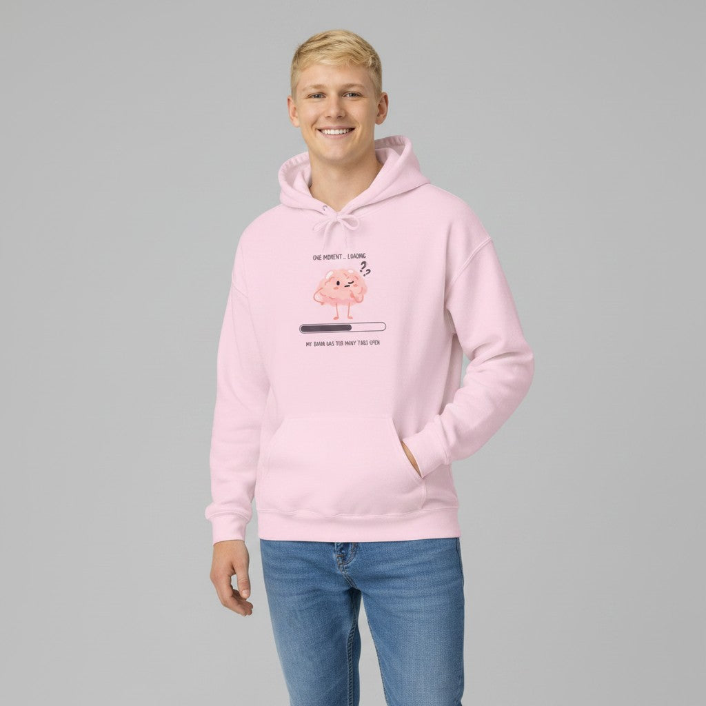 Jena Jewelry pink cotton-poly blend hoodie with a cute brain loading graphic and text "My Brain Has Too Many Tabs Open".