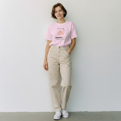 Jena Jewelry pink 100% cotton t-shirt with a graphic of a cute brain with question marks and a loading bar that says "My Brain Has Too Many Tabs Open."