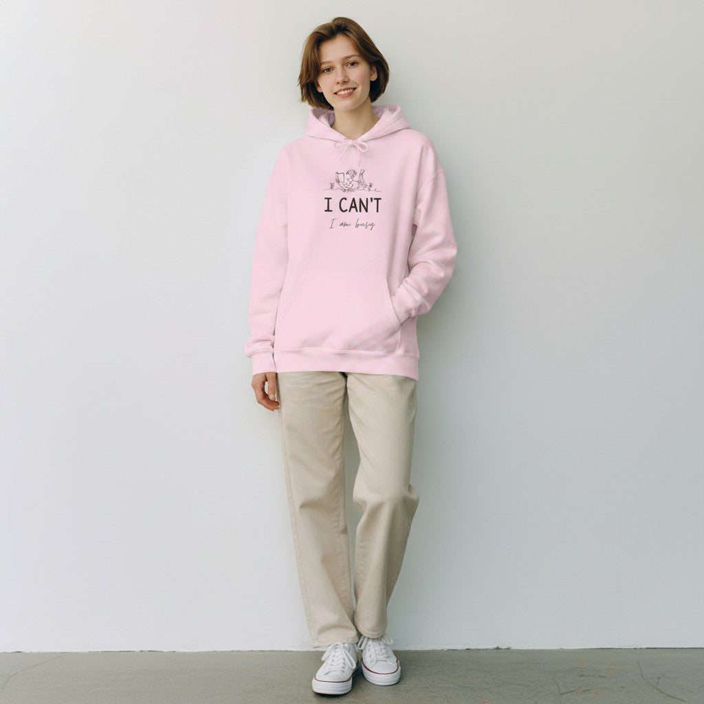 Jena Jewelry light pink cotton-poly blend hoodie with "I CAN'T, I’m Busy" graphic and kangaroo pocket.