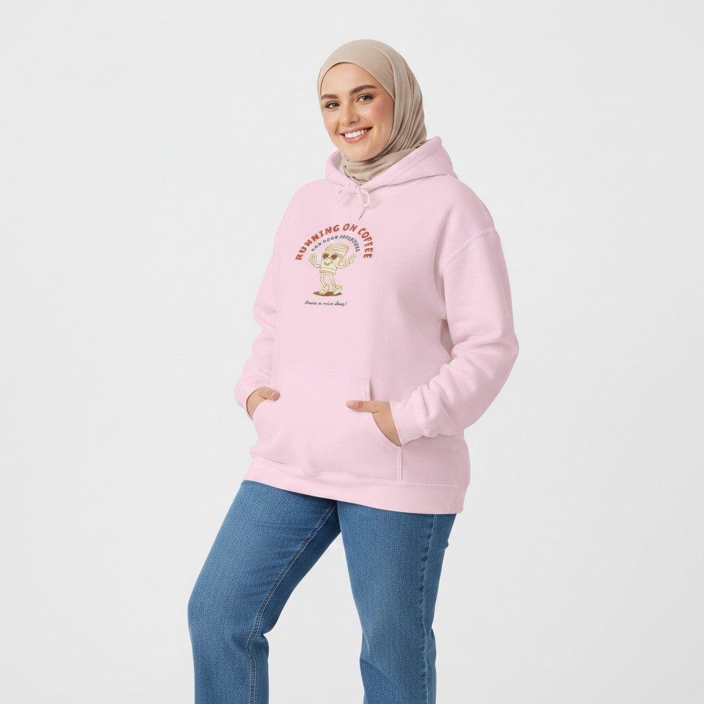 Jena Jewelry pink cotton-poly blend hoodie with "Running on Coffee" graphic and kangaroo pocket.